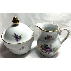 Bareuther Waldsassen Bavaria Germany Creamer and Sugar w/Lid-Gold Trim 244 & 243